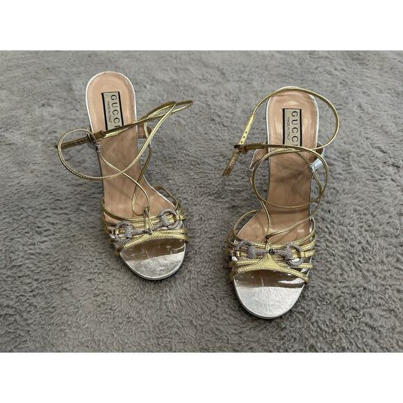 Gucci Whona Crystal Embellished Metallic Leather Sandals EU 39 STORE MODEL - Picture 1 of 9